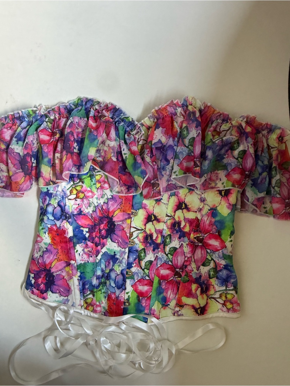 Off-Shoulder Floral Ruffle Crop Camisole - Multicolor